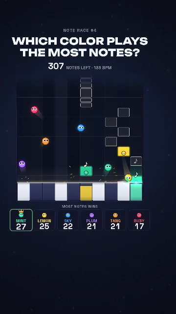 Watch Note Race episode 4: Which color plays the most notes? Balls falling through the piano roll toward the keys.