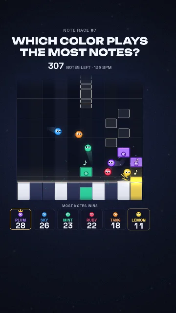 Watch Note Race episode 7: Which color plays the most notes? A scoreboard of notes played by each color.
