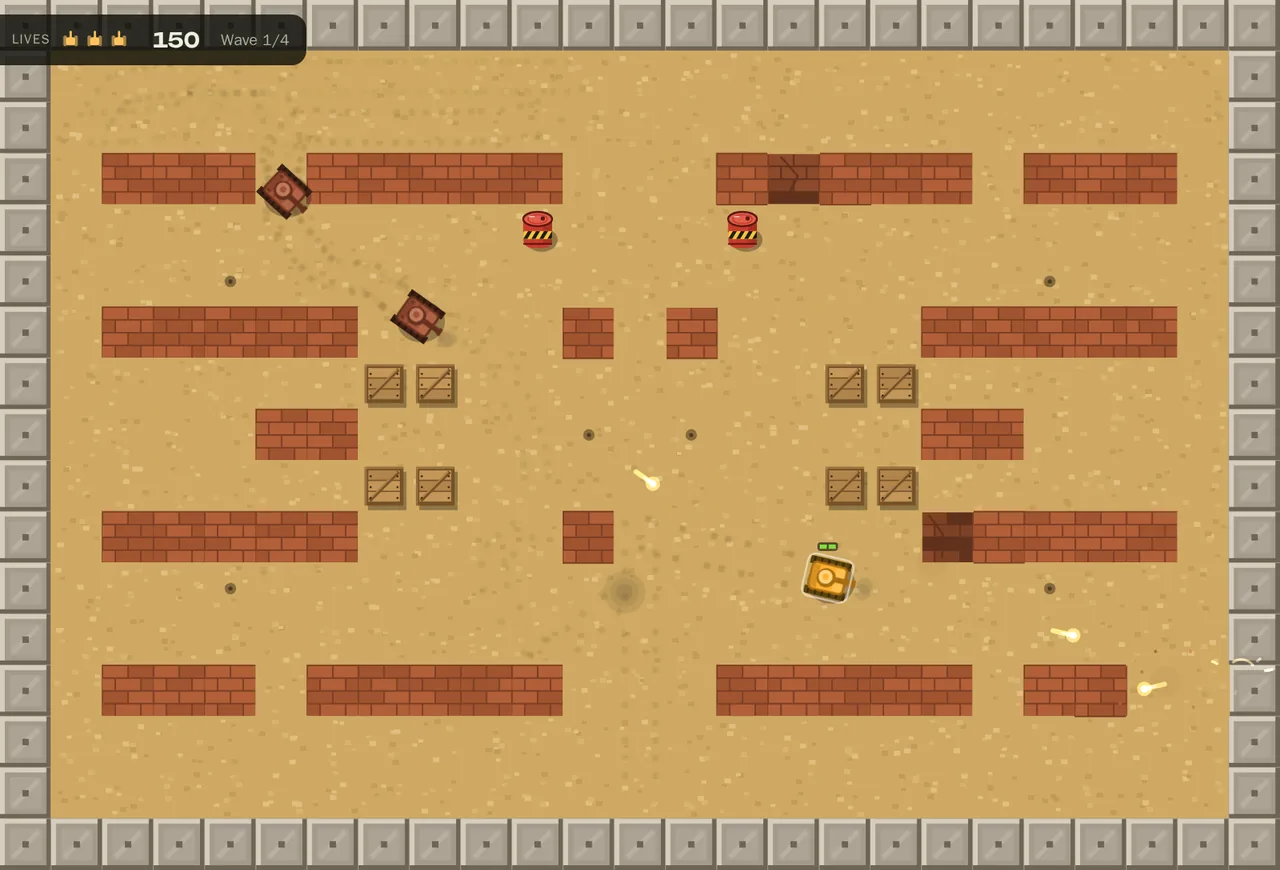 Treadlock gameplay: your orange tank trades shots with two red enemy tanks among brick walls and crates on a desert level.